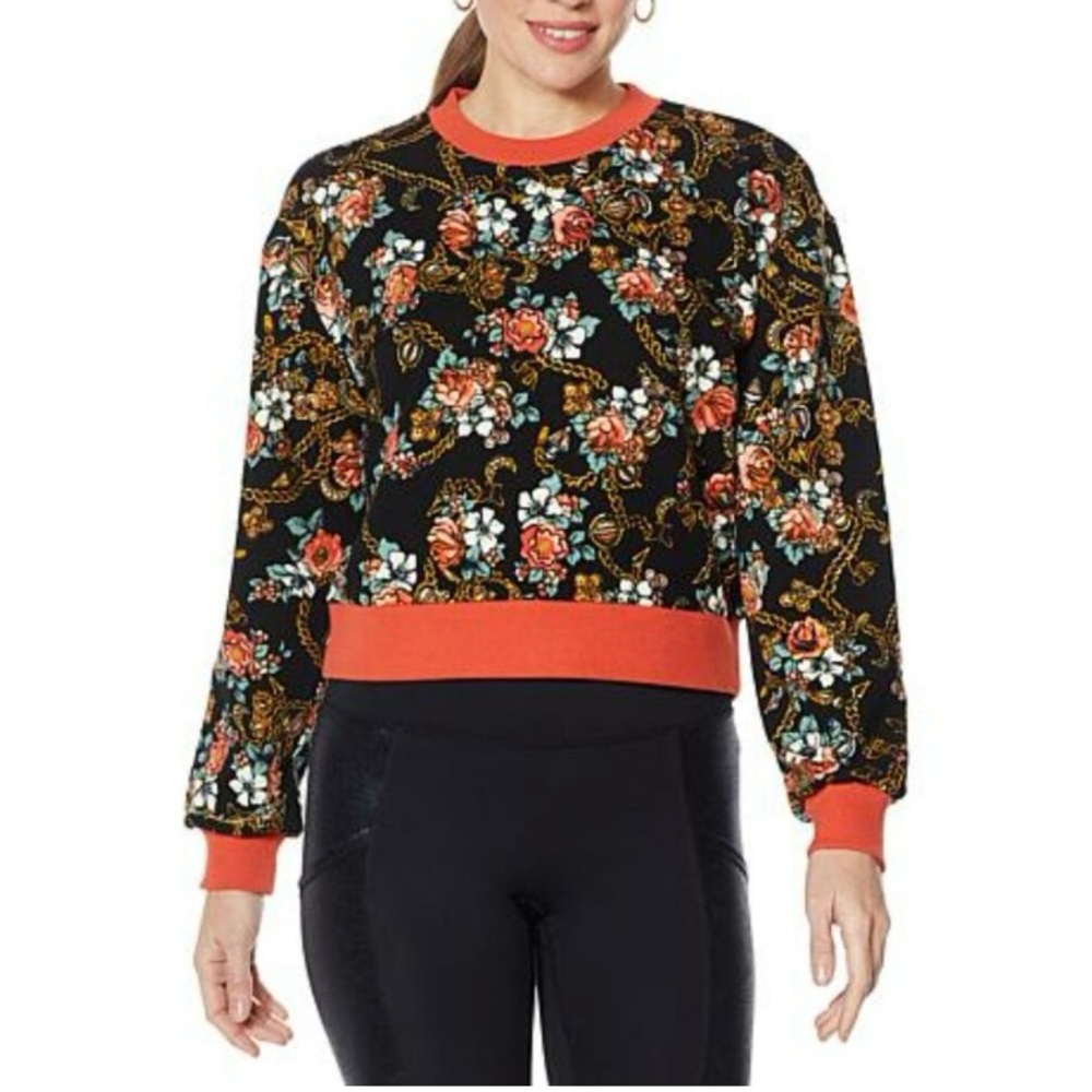 Laila Ali Black With Floral Pattern Pullover Sweater Size: Lg,Xl NWT